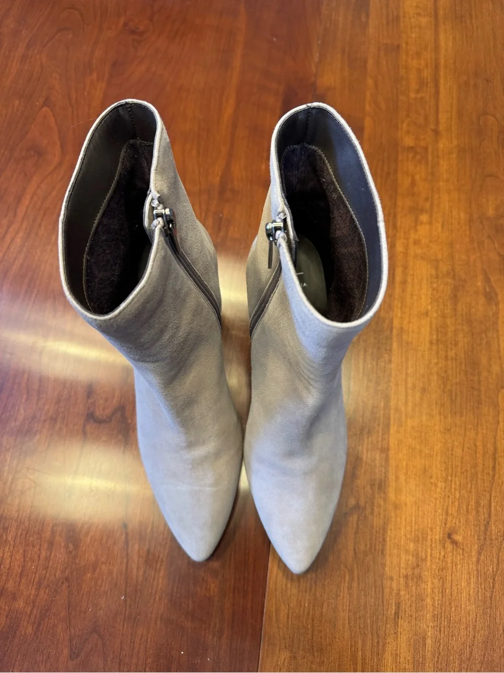 AQUATAILIA Suede Pointed Toe Block Heel Ankle Boots in Light Beige